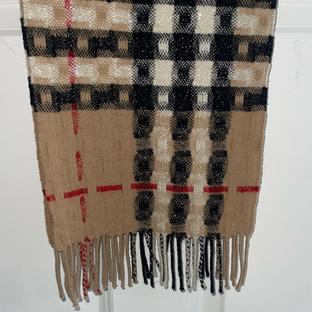 BURBERRY Glitter Tan Checkered Wool Scarf Woven Textured Fringe L: 56